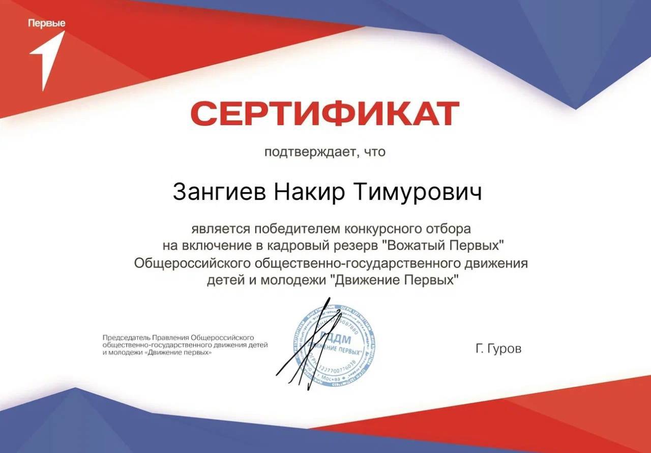 Победитель конкурсного отбора на включение в кадровый резерв &amp;quot;Вожатый Первых&amp;quot;.